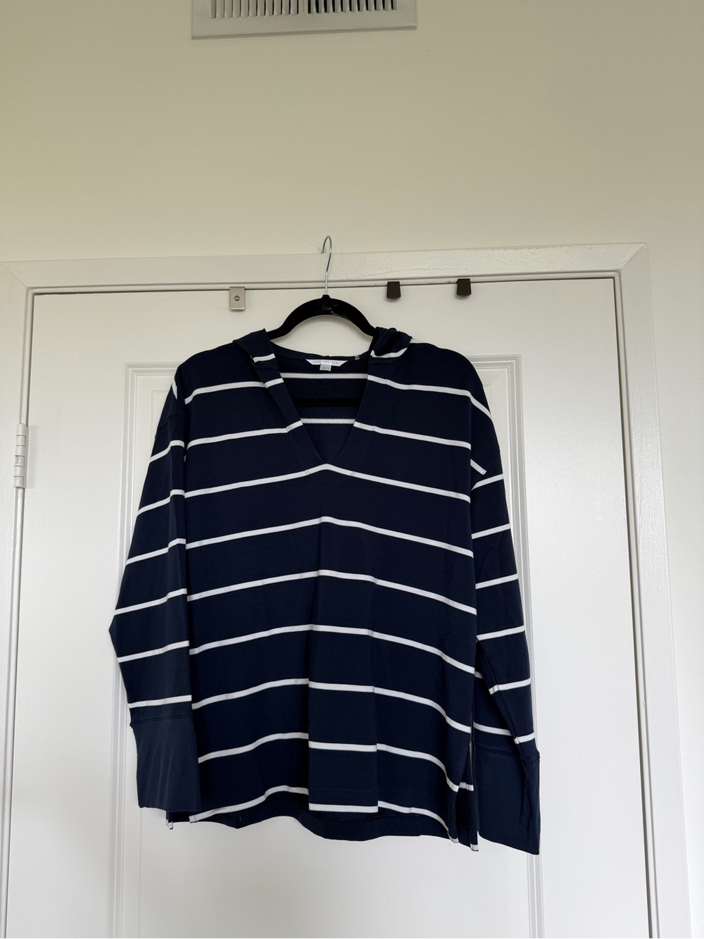 Travis Mathew Navy and White Striped Hooded V-Neck Top